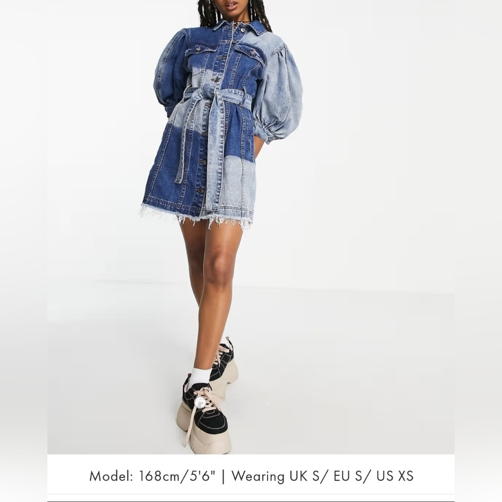 NWOT Signature 8 Patchwork Heavy Denim Mini Dress M Puff Sleeves Belted Sealed - Picture 3 of 11